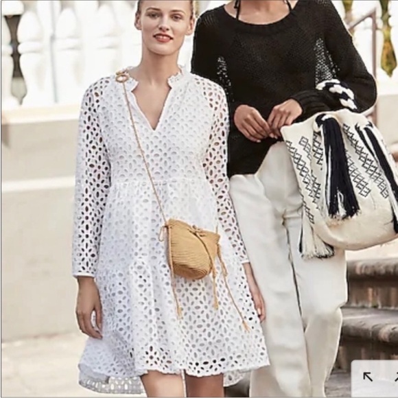 J. Crew White Eyelet Tiered Long sleeve Dress- Size Medium - Picture 2 of 10